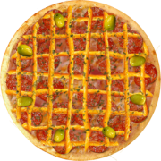 Embutidos: 584-Caladdar - Pizza Broto (Ingredientes: Azeitonas, Calabresa, Cheddar, Molho de Tomate, Orégano)