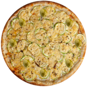 Legumes Vegetais: 587-CelloBrinha - Pizza Broto (Ingredientes: Abobrinha Fatiada, Alho Frito, Azeitonas, Molho de Tomate, Mussarela, Orégano, Parmesão Ralado)