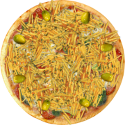 Embutidos: 591-Bella - Pizza Broto (Ingredientes: Alho Frito, Azeitonas, Batata Palha, Brócolis, Calabresa, Molho de Tomate, Mussarela, Orégano)