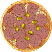 Embutidos: 637-Mortadela - Pizza Broto (Ingredientes: Azeitonas, Molho de Tomate, Mortadela, Mussarela, Orégano)