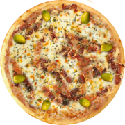 Aves: 597-Frango Bacon - Pizza Broto (Ingredientes: Azeitonas, Bacon, Frango, Milho Verde, Molho de Tomate, Mussarela, Orégano)