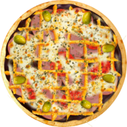 Embutidos: 582-Barão - Pizza Broto (Ingredientes: Azeitonas, Cheddar, Lombo, Molho Barbecue, Mussarela, Orégano, Tomate)