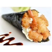 Temakis: TEMAKI CAMARÃO EMPANADO - Temaki Tradicional (Ingredientes: Arroz, CAMARÃO EMPANADO, Cebolinha, Cream Cheese)