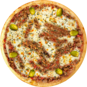 Carnes: 10-Bolonhesa - Pizza Broto (Ingredientes: Azeitona Verde, Carne Moída, Molho de Tomate, Mussarela, Orégano, Parmesão)