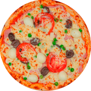 Pizzas: 15 - Espacial (Portuguesa) - Pizza Grande (Ingredientes: Azeitona Preta, Cream Cheese, Ervilha, Molho de Tomate, Muçarela, Ovo de Codorna, Presunto, Tomate)