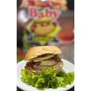 Hambúrguer: X Baby - Hambúrguer (Ingredientes: Alface, Bacon, Batata Palha, Calabresa, Catupiry, Cebola, Hambúrguer, Ketchup, Maionese, Milho, Mostarda, Mussarela, Ovo, Pão, Presunto, Salada, Tomate)