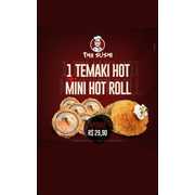 Temakis: temaki hot+ 10 mini hot roll - Temaki Tradicional (Ingredientes: Arroz, Cebolinha, Cream Cheese, Gergelim, Molho Tarê, Salmão Grelhado)