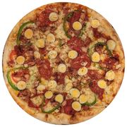 Premium: Portuguesa Premium - Pizza Grande (Ingredientes: Alho Torrado, Bacon, Calabresa, Cebola, Milho Verde, Molho, Mussarela, Orégano, Ovo de Codorna, Palmito, Pimentão, Presunto, Tomate Seco)