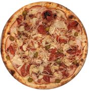 Premium: Ta Loucoo - Pizza Grande (Ingredientes: Alho Torrado, Azeitona, Bacon, Cebola, Champignon, Molho, Mussarela, Orégano, Ovo de Codorna, Palmito, Peito de Peru, Tomate Seco)