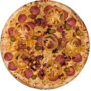Tradicionais: Paulista - Pizza Grande (Ingredientes: Azeitona, Bacon, Calabresa, Frango, Milho, Molho, Mussarela, Orégano, Palmito, Tomate)