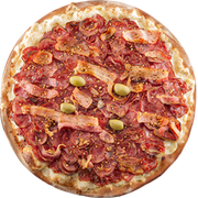 Premium: 20. Calabacon - Pizza Grande (Ingredientes: Bacon, Calabresa Fatiada, Cebola, Molho de Tomate Italiano, Mussarela)