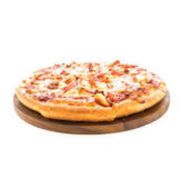 Salgadas: Americana - Pizza Média (Ingredientes: Azeitona Verde, Bacon, Mussarela, Ovos, Presunto)