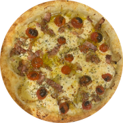 Tradicionais: Di Patate - Pizza Grande (Ingredientes: Bacon, Batata, Fonduta di Parmegiano, Manjericão, queijo caccio cavalo defumado, Tomate Cereja)