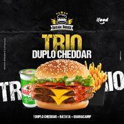 Trio Promocional: TRIO DUPLO CHEDDAR - TRIOS PROMOCIONAIS (Ingredientes: Pão, 2 Carnes, 4 Cheddar, Alface, Maionese)