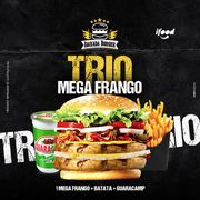 Trio Promocional: TRIO MEGA FRANGO - TRIOS PROMOCIONAIS (Ingredientes: Pão, 2 Carne de Frango, Queijo, Bacon, Cream Cheese, Alface, Molho Especial)