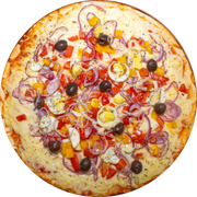 Brood: Portuguesa - Pizza Assada | Grande (Ingredientes: Azeitonas, Cebola Crua, Tomate, Pimentões, Presunto, Ovo Cozido, Orégano, Molho de Tomate, Muçarela)
