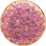 Brood: Calabresa, Bacon e Cebola - Pizza Pré-Assada | Grande (Ingredientes: Molho de Tomate, Muçarela, Calabresa, Bacon, Cebola Crua, Orégano)