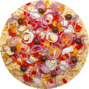 Brood: Portuguesa - Pizza Pré-Assada | Grande (Ingredientes: Azeitonas, Cebola Crua, Tomate, Pimentões, Presunto, Ovo Cozido, Orégano, Muçarela, Molho de Tomate)