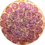 Brood: Bacon, Calabresa e Cebola - Pizza Assada | Grande (Ingredientes: Molho de Tomate, Muçarela, Bacon, Calabresa Fatiada, Cebola Crua, Orégano)