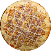 Brood: Frango bacon, milho e Catupiry - Pizza Assada | Grande (Ingredientes: Molho de Tomate, Muçarela, Frango Desfiado, Bacon, Milho, Catupiry, Orégano)