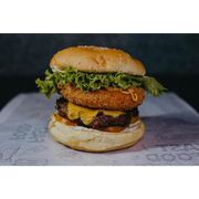 Lanches: 12-Cheddar Burguer - Lanche (Ingredientes: Alface, Cebola Crispy, Cheddar, Hambúrguer 180g, Hambúrguer de Cheddar Empanado 120g, Pão de Brioche, Queijo Prato, Tomate)