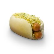 Hot Dog: Mega Irado - Hot Dog (Ingredientes: 2 Salsichas, Batata Palha, Catchup, Ervilha, Maionese, Milho, Molho, Mostarda, Ovo, Pão, Queijo Ralado, Tempero Verde)