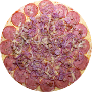 Brood: Calabresa, Bacon e Cebola - Pizza Assada | Grande (Ingredientes: Molho de Tomate, Muçarela, Calabresa, Bacon, Cebola Crua, Orégano)