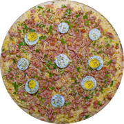 Brood: Carbonara - Pizza Pré-Assada | Grande (Ingredientes: Bacon, Ovos, Parmesão Ralado, Pimenta, Tempero verde - Salsa e cebolinha, Orégano)