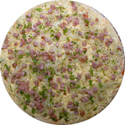 Brood: Francesa - Pizza Pré-Assada | Grande (Ingredientes: Molho de Tomate, Muçarela, Cebola na Manteiga, Bacon, Ovos, Parmesão Ralado, Tempero verde - Salsa e cebolinha, Orégano)