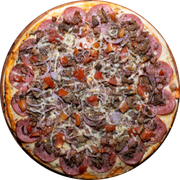 Brood: Brood - Pizza Assada | Grande (Ingredientes: Molho de Tomate, Muçarela, Calabresa Fatiada, Bacon, Iscas de Filé, Cebola Crua, Tomate, Orégano)