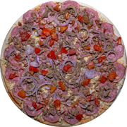 Brood: Brood - Pizza Pré-Assada | Grande (Ingredientes: Molho de Tomate, Muçarela, Calabresa, Bacon, Iscas de Filé, Cebola Crua, Tomate, Orégano)