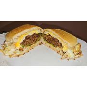 Sanduíches: X Egg Cachorrão - Hambúrguer (Ingredientes: Pão de Hambúrguer, carne moída, Queijo, Ovo, Tomate, Alface, Salada de Repolho, Batata Palha)