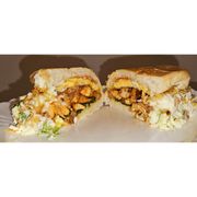 Sanduíches: X Egg Frango - Hambúrguer (Ingredientes: Pão de Hambúrguer, Frango, Queijo, Ovo, Alface, Tomate, Cebola, Salada de Repolho, Batata Palha)