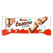 Chocolate: Kinder Bueno White - wafer com recheio de leite e avelãs coberto com chocolate branco