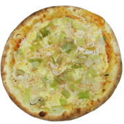 Tradicionais: Três Queijo ao Palmito - Pizza Grande (Ingredientes: Alho Poró 50g, Finalizada com orégano, Gorgonzola, Molho, Mussarela, Palmito, Requeijão Cremoso)