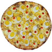 Tradicionais: Frango Mineiro - Pizza Grande (Ingredientes: Azeitona, Finalizada com orégano, Frango Desfiado, Gotas de Requeijão, Massa artesanal, Milho, Muçarela, Ovos, Palmito)