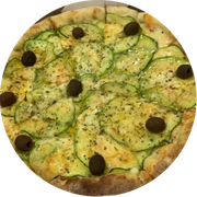 Tradicionais: Abobrinha - Pizza Grande (Ingredientes: Abobrinha, Alho Frito, Azeitonas, Mussarela, Orégano, Tomate Cereja)