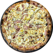 Salgadas: Lombo especial - Pizza Grande (Ingredientes: Bacon, Catupiry, Cebola, Lombo Canadense, Molho, Mussarela, Ovo)