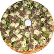 CARNE: 44 - Filé com Brócolis - Pizza Grande (Ingredientes: Azeitonas, Brócolis, Catupiry, Filé Mignon, Molho, Mussarela, Orégano)