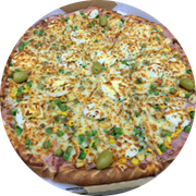 PRESUNTO: 18 - Portuguesa - Pizza Grande (Ingredientes: Azeitonas, Ervilha, Milho, Molho, Mussarela, Orégano, Ovo, Palmito, Presunto)