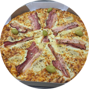 QUEIJOS: 09 - Siciliana - Pizza Grande (Ingredientes: Azeitonas, Bacon, Champignon, Molho, Mussarela, Orégano)