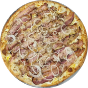 QUEIJOS: 08 - Bacon - Pizza Grande (Ingredientes: Azeitonas, Bacon, Catupiry, Cebola, Molho, Mussarela, Orégano)
