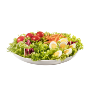 Saladas: Calábria - Salada (Ingredientes: Mix de Folhas Verdes, Palmito, Frango Desfiado, Lascas de Queijo Parmesão)
