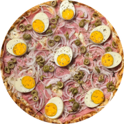 Salgadas: 04-Portuguesa - Pizza Pequena (Ingredientes: Azeite de Oliva, Azeitona, Cebola, Molho de Tomate, Mussarela, Orégano, Ovo, Presunto)