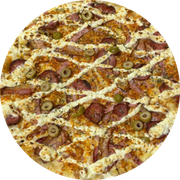 Especiais: 4 Carnes - Pizza Grande (Ingredientes: Molho de Tomate, Mussarela, Frango, Bacon, Calabresa, Presunto, Alho Frito, Cream Cheese, Azeitona, Orégano)