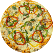 Especiais: À Moda - Pizza Grande (Ingredientes: Molho de Tomate, Mussarela 2x Mais, Frango, Bacon, Cheddar, Pimentões Amarelo, Verde e Vermelho, Manjericão, Azeitona, Orégano)