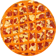 Tradicionais: Cheddar - Pizza Grande (Ingredientes: Calabresa, Cheddar, Molho de Tomate, Mussarela, Orégano)