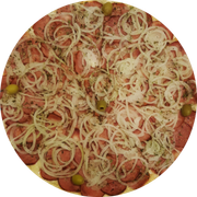 Tradicionais: Na lenha - Pizza Grande (Ingredientes: Bacon, Calabresa, Cebola, Molho de Tomate, Mussarela, Orégano)