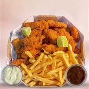 Frango frito crocante: Filezinho Crocante+ batata frita/Porção Media - Tamanho M (Ingredientes: Batata frita 200g, Tiras de frango 500g)