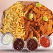 Frango frito crocante: Filezinho Crocante+ batata frita / Porção Grande - Tamanho G (família) (Ingredientes: Batata frita 400g, Tiras de frango 1kg)